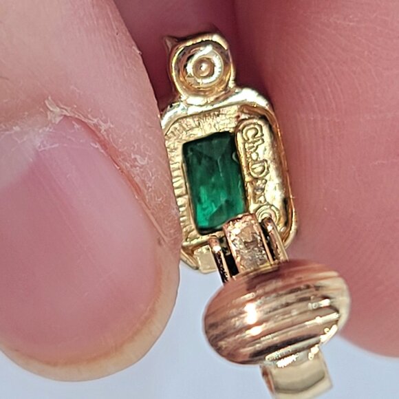 Chr. Dior Gold Tone Green Gripoix Emerald Glass Clip Earrings w Clear Crystals - Picture 3 of 7
